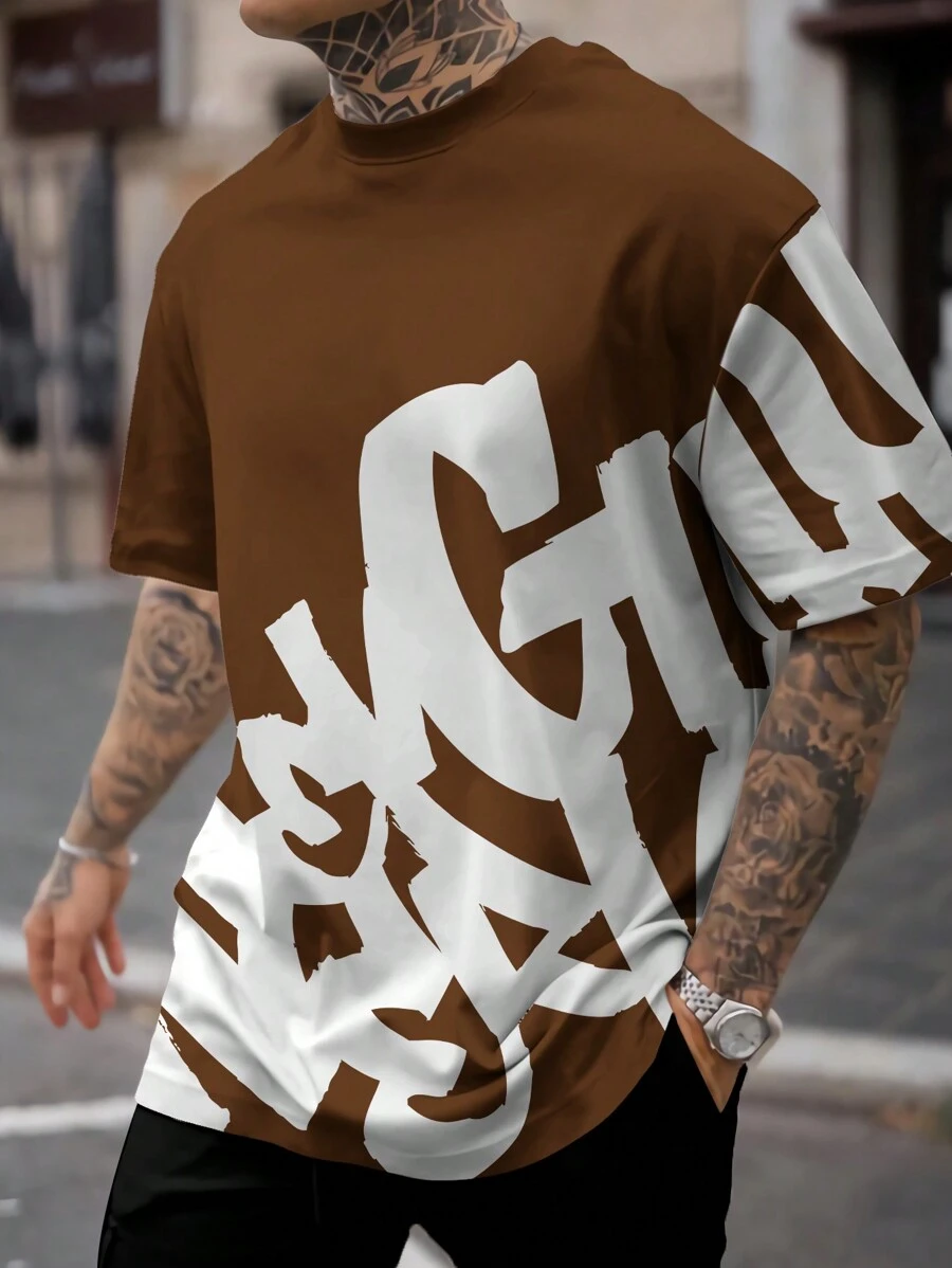 Manfinity LEGND Men's Letter Print Crew Neck Short Sleeve T-Shirt, Summer - Brown - View 1