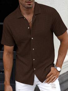 Manfinity Homme Men Solid Color Single-Breasted Casual Short Sleeve Shirt (Random Print) - Brown - View 5