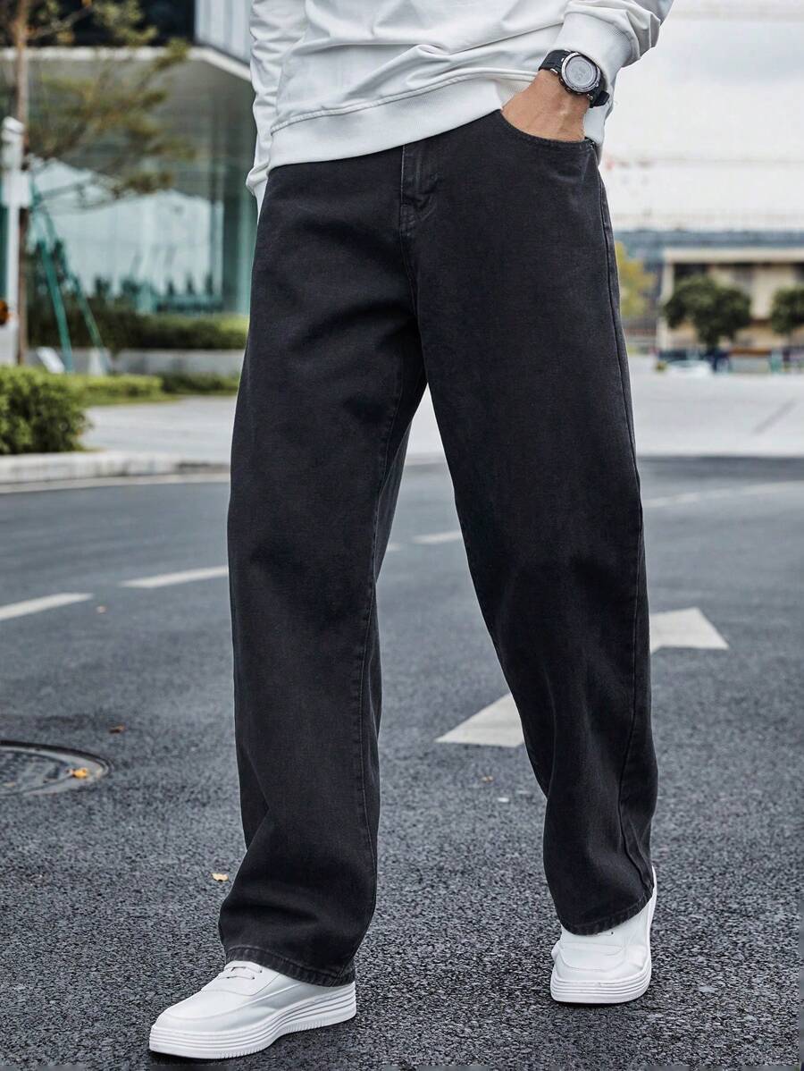 Manfinity Homme 大码男士休闲宽松直筒口袋牛仔长裤，街头服饰，纯色长款黑色深色洗水牛仔裤，洗水工装牛仔裤，适合送给老公、男朋友的礼物 - 黑色 - 查看 1