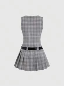 SHEIN Unity 女士圆领无袖格子腰带优雅别致时尚休闲连衣裙 - 彩色 - 查看 2