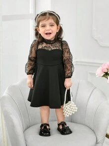Baby Girl Mommy And Me Matching Outfits, Cute & Elegant Knit Contrast Lace Mesh Long Sleeve Black Dress, Separate (2pcs)