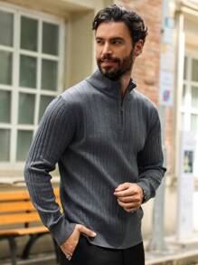 Manfinity Homme Áo len dài tay có dây kéo màu trơn dành cho nam giới thường ngày - Màu xám đen - Xem 4