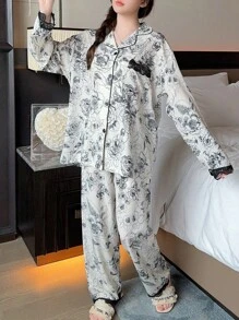 2pcs/Set Lace Trim Contrast Color Long Sleeve Top & Pants Pajama Set, Two Pieces Set, Fall Clothes