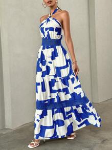 SHEIN Clasi 全印花蕾絲接縫露背口袋不對稱,a-line裙 - 彩色 - 查看 4