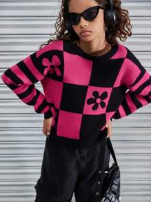 SHEIN Explorewe 女童拼色圆领休闲针织毛衣 - 黑色 - 查看 5