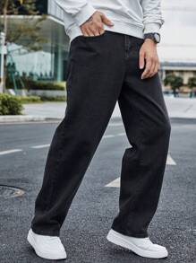 Manfinity Homme 大码男士休闲宽松直筒口袋牛仔长裤，街头服饰，纯色长款黑色深色洗水牛仔裤，洗水工装牛仔裤，适合送给老公、男朋友的礼物 - 黑色 - 查看 4