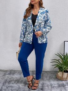 SHEIN Clasi Plus Size Printed Suit Jacket And Solid Color Trousers, Casual Two-Piece Set - Blue and White - View 3