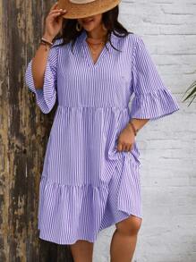 SHEIN Clasi 大码缺口领条纹印花荷叶边下摆休闲连衣裙 - 紫色 - 查看 6