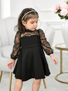 Baby Girl Mommy And Me Matching Outfits, Cute & Elegant Knit Contrast Lace Mesh Long Sleeve Black Dress, Separate (2pcs)