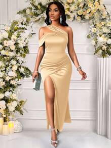 SHEIN Belle Vestido formal de dama de honor con un hombro, fruncido y abertura alta en el muslo, temporada de bodas - Champán - Ver 1