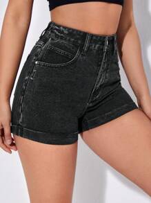 SHEIN EZwear Ripped Roll Up Hem Denim Shorts - Black - View 5