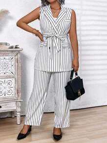 大码条纹印花裹腰系带无袖西装外套和裤子夏季优雅套装 - 黑與白 - 查看 4