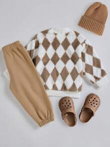 SHEIN 男婴休闲日常可爱有趣温暖厚针织口袋毛衣和裤子套装，适合秋冬季外出