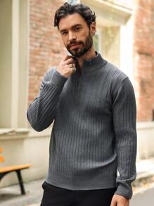 Manfinity Homme Áo len dài tay có dây kéo màu trơn dành cho nam giới thường ngày - Màu xám đen - Xem 3