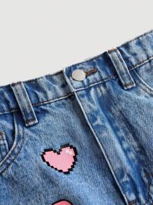 SHEIN Thanh thiếu niên (Cô gái) In hình trái tim Đau khổ Hem Nút phía trước Quần short denim nhiều túi - Rửa tối - Xem 3
