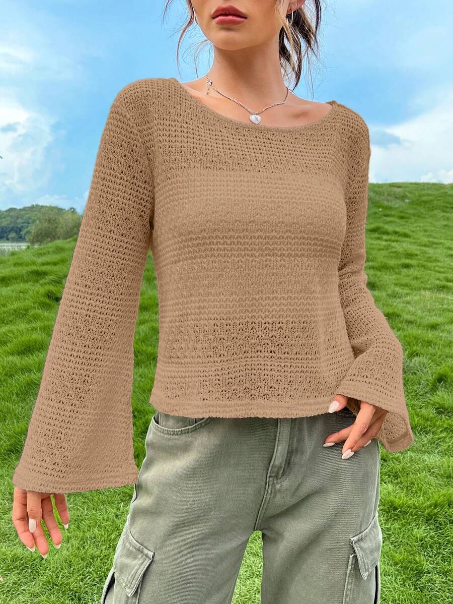 Muchica 女士宽松圆领长袖休闲卡其色针织 T 恤 - 卡其色 - 查看 1