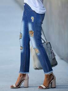 Women's Stretchy Faded Distressed Denim Jeans - Medium Wash - View 5