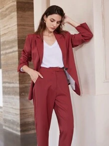 SHEIN Privé Solid Color Minimalist Office Lady Fashion Women's Suit Set - Redwood - View 1