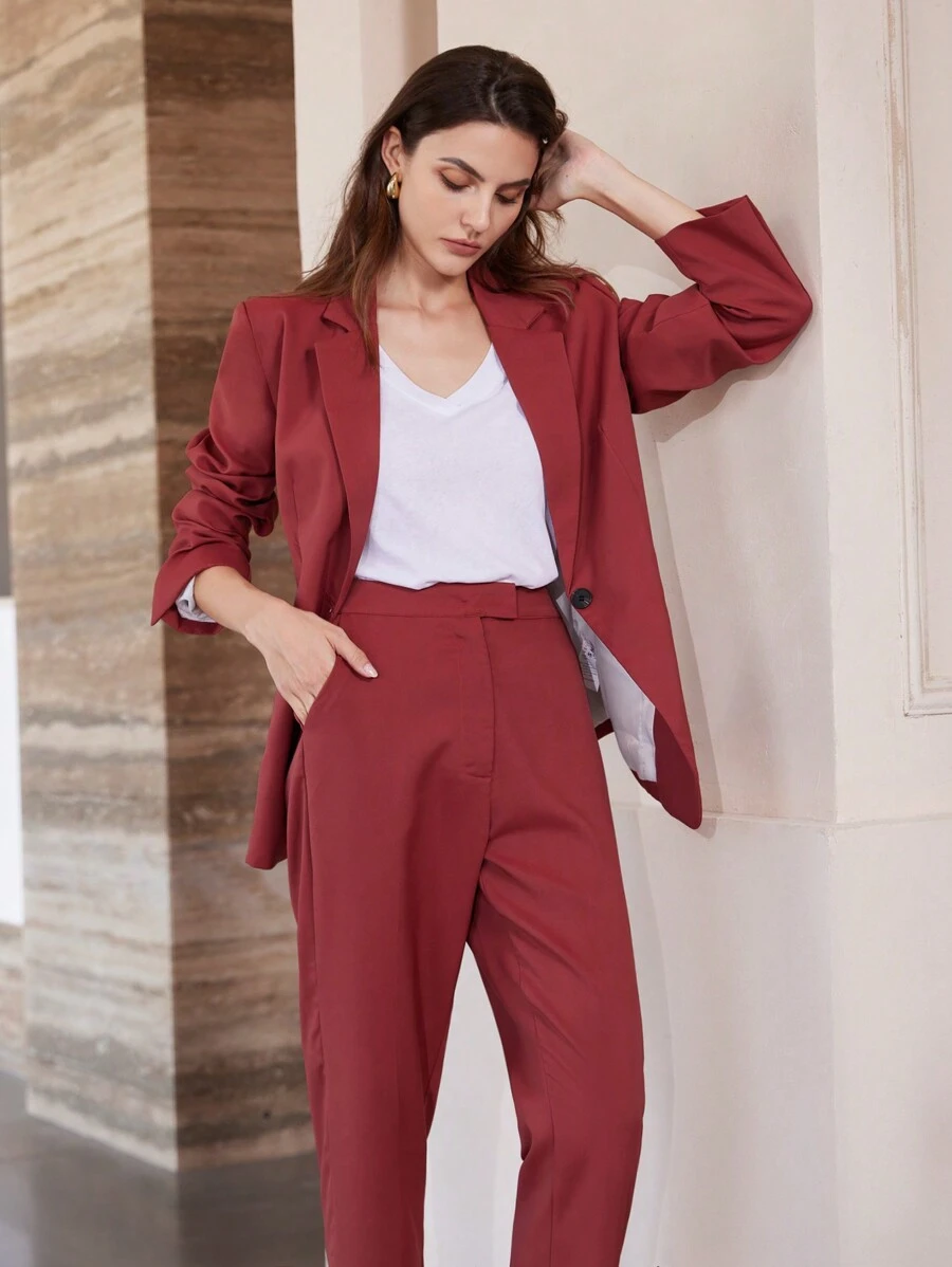 SHEIN Privé Solid Color Minimalist Office Lady Fashion Women's Suit Set - Redwood - View 1