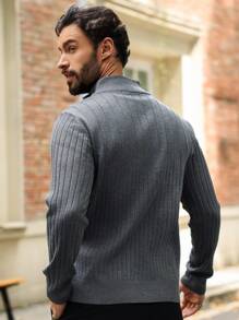 Manfinity Homme Áo len dài tay có dây kéo màu trơn dành cho nam giới thường ngày - Màu xám đen - Xem 2