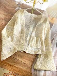 Teens Girls' High-End Custom Lace Hollow Flare Sleeve Jacket, Cover-Up For Vacation & Sunscreen - Beige - View 1