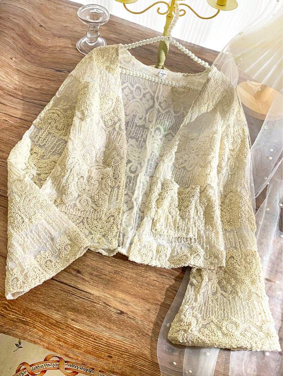 Teens Girls' High-End Custom Lace Hollow Flare Sleeve Jacket, Cover-Up For Vacation & Sunscreen - Beige - View 1