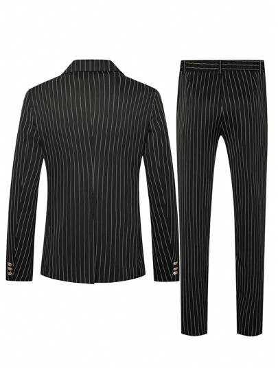 Manfinity Mode Men's Striped Lapel Long Sleeve Blazer And Straight Leg Business Trousers Formal Suit Set Tuxedo Suit