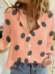 女士时尚波尔卡圆点印花长袖翻领宽松亲肤衬衫休闲装，长袖上衣 - 橘色 - 查看 3