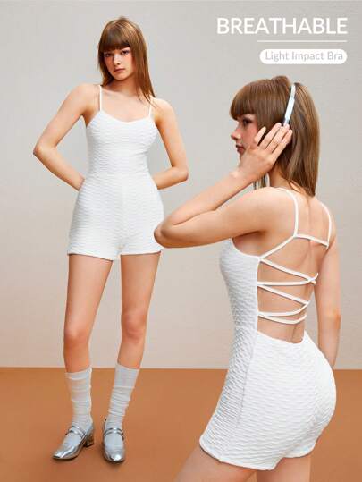 Easithlete 純色無袖露背運動連體褲，帶肩帶設計