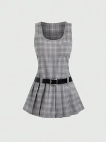 SHEIN Unity 女士圆领无袖格子腰带优雅别致时尚休闲连衣裙 - 彩色 - 查看 1