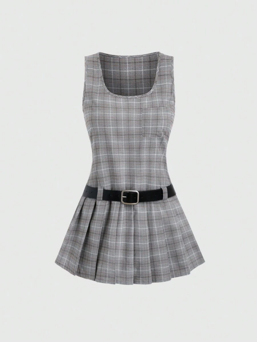 SHEIN Unity 女士圆领无袖格子腰带优雅别致时尚休闲连衣裙 - 彩色 - 查看 1