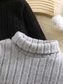 女婴 2 件/套 性别中性百搭高领保暖衬里长袖毛衣针织衫和纯色套头衫，黑色和灰色