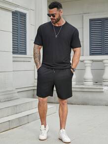 Manfinity Homme Large Men's Casual Round Neck Short Sleeve T-Shirt And Shorts Set, Summer Outfit