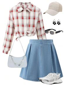 2 piezas, camisa de manga larga a cuadros y falda vaquera suelta de cintura para niñas preadolescentes - Rojo y blanco - Ver 1