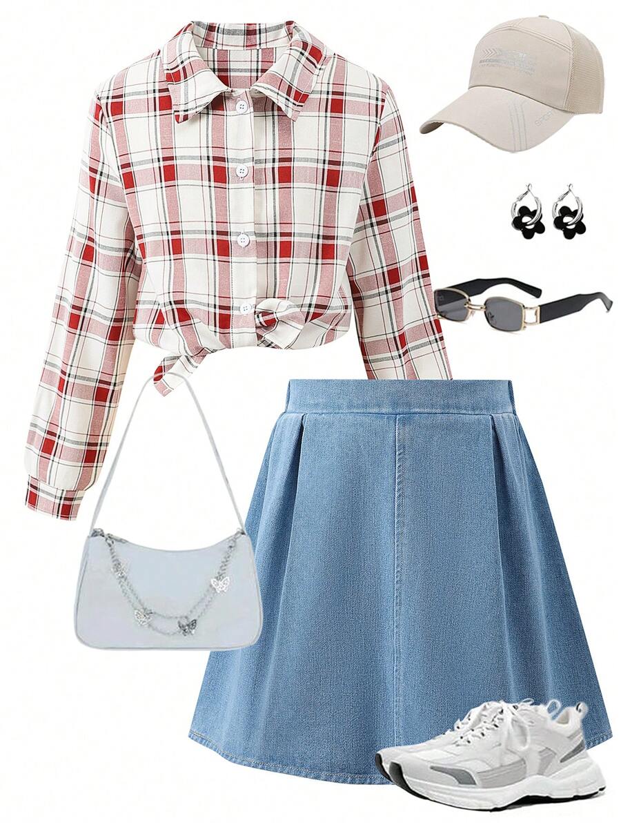 2 piezas, camisa de manga larga a cuadros y falda vaquera suelta de cintura para niñas preadolescentes - Rojo y blanco - Ver 1