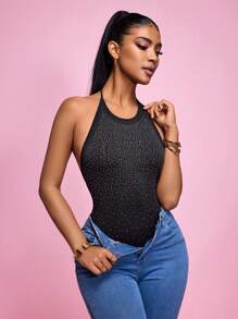 Easithlete Backless Rhinestone Embellished Halterneck Sports Bodysuit