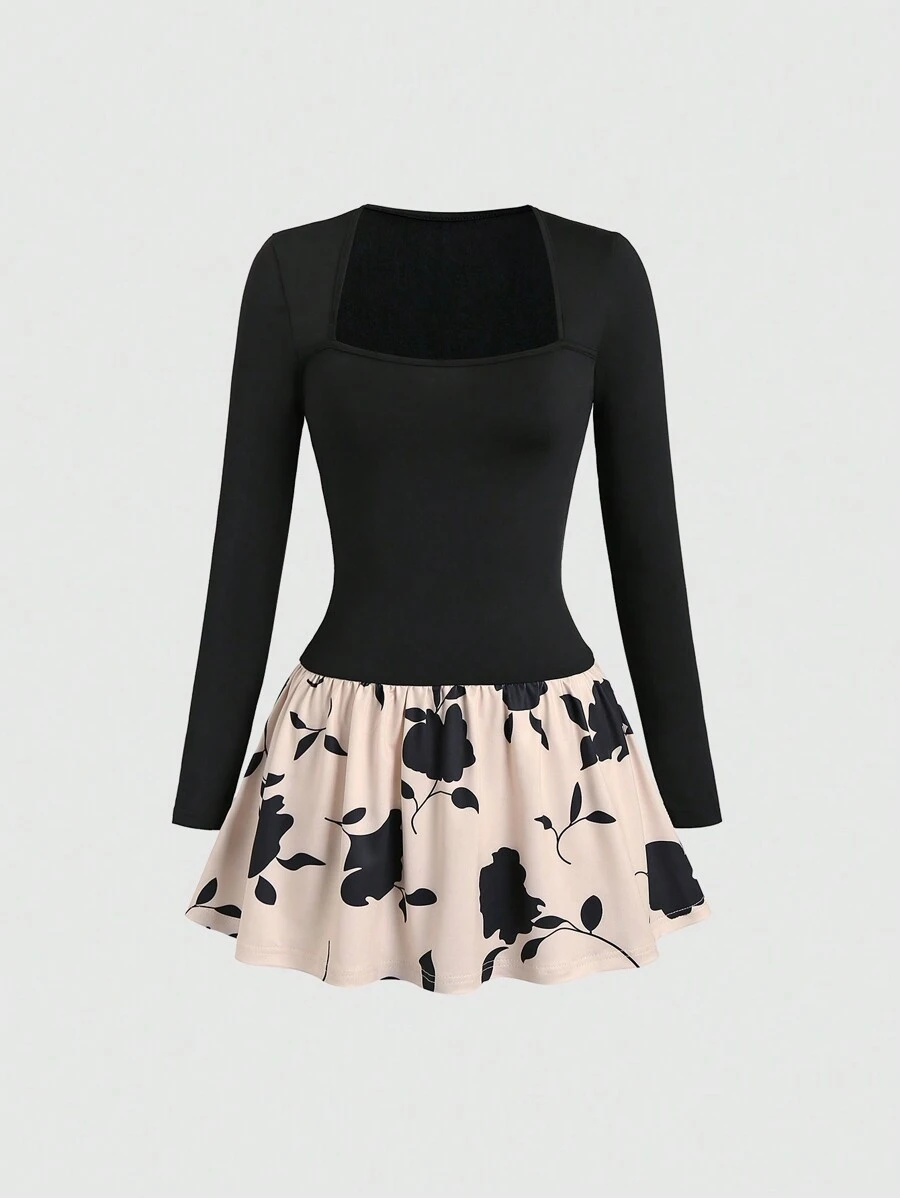 Flirla Robe élégante pour femme à col carré, manches longues, avec imprimé floral et bloc de couleurs à l'ourlet