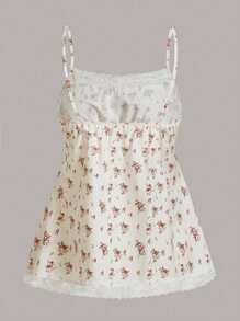ROMWE Kawaii Ditsy Floral Print Contrast Lace Babydoll Cami Top, School - Multicolor - View 2