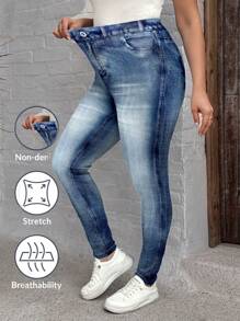 SHEIN CURVE+ Plus Size Summer Full Print Pattern Leggings - Blue and White - View 1