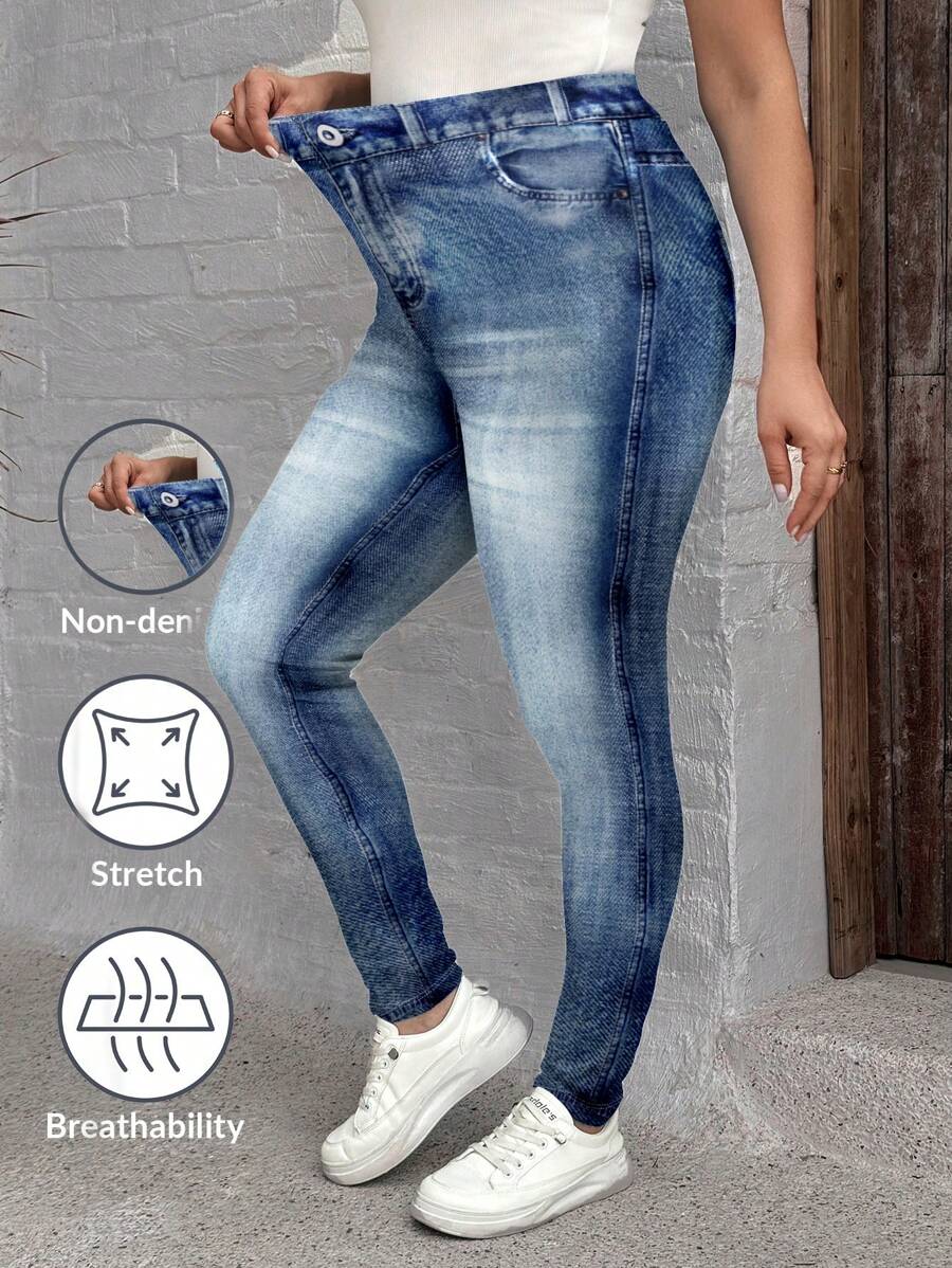 SHEIN CURVE+ Plus Size Summer Full Print Pattern Leggings - Blue and White - View 1