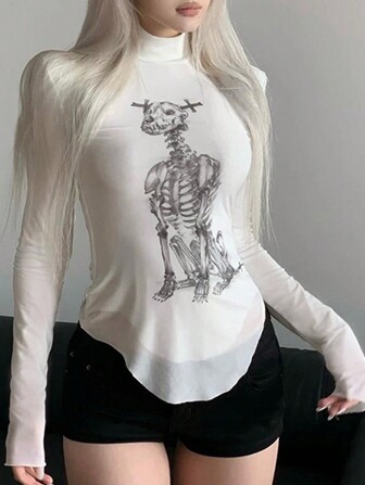 Women's Casual Crew Neck Long Sleeve Skull Print T-Shirt, Spring/Summer