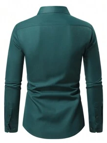 Manfinity Mode Áo sơ mi nam tay dài đơn hàng khuy trơn màu, thường ngày, mùa thu - Màu xanh lá cây đậm - Xem 2