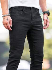 Manfinity LEGND 男式大码纯色黑色紧身口袋休闲牛仔裤 - 黑色 - 查看 6