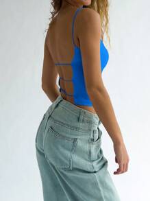 SHEIN EZwear Áo ba lỗ hở lưng Slim Fit dành cho nữ - Màu xanh lam - Xem 1