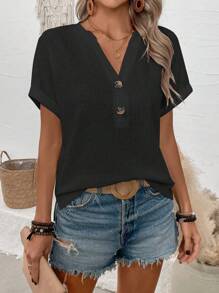 EMERY ROSE Camiseta de manga corta de cuello en V de unicolor, verano