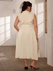 Aveloria Rosie Plus Size Fashionable Solid Color Collar Sleeveless Ruffle Hem Bodycon Dress - Apricot - View 3