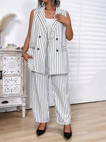 大码条纹印花裹腰系带无袖西装外套和裤子夏季优雅套装 - 黑與白 - 查看 6