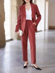 SHEIN Privé Solid Color Minimalist Office Lady Fashion Women's Suit Set - Redwood - View 5