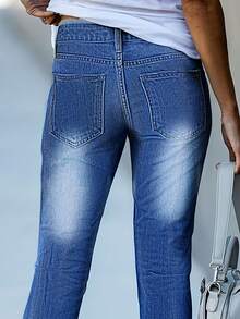 Women's Stretchy Faded Distressed Denim Jeans - Medium Wash - View 3