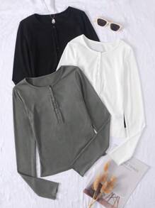 Chiquease 3pcs Half Button Tee Fall Cloth For Women